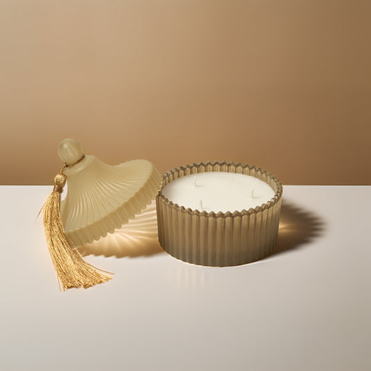 Crest Jar Candle with Tassel on top Lid - Olive Green