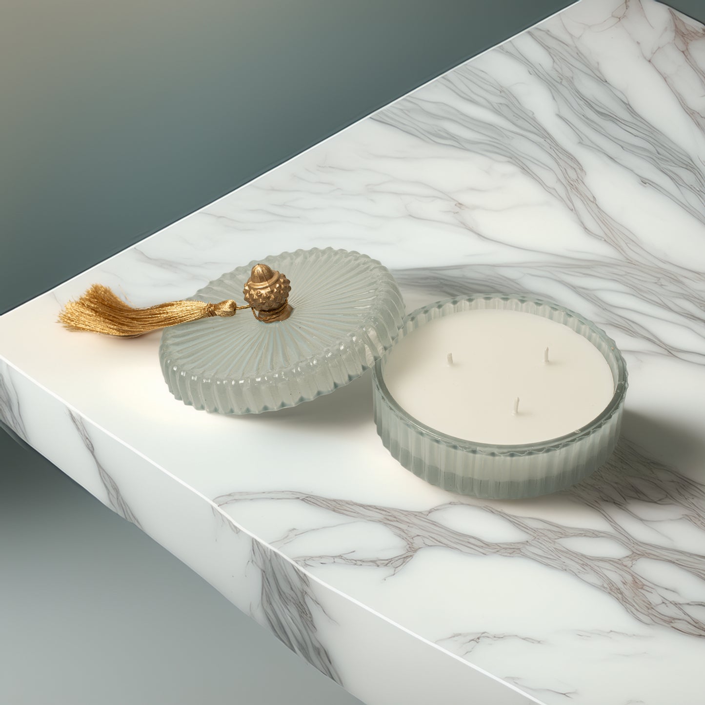 Fluted Aura Tassel Bowl Candle - Sky Blue