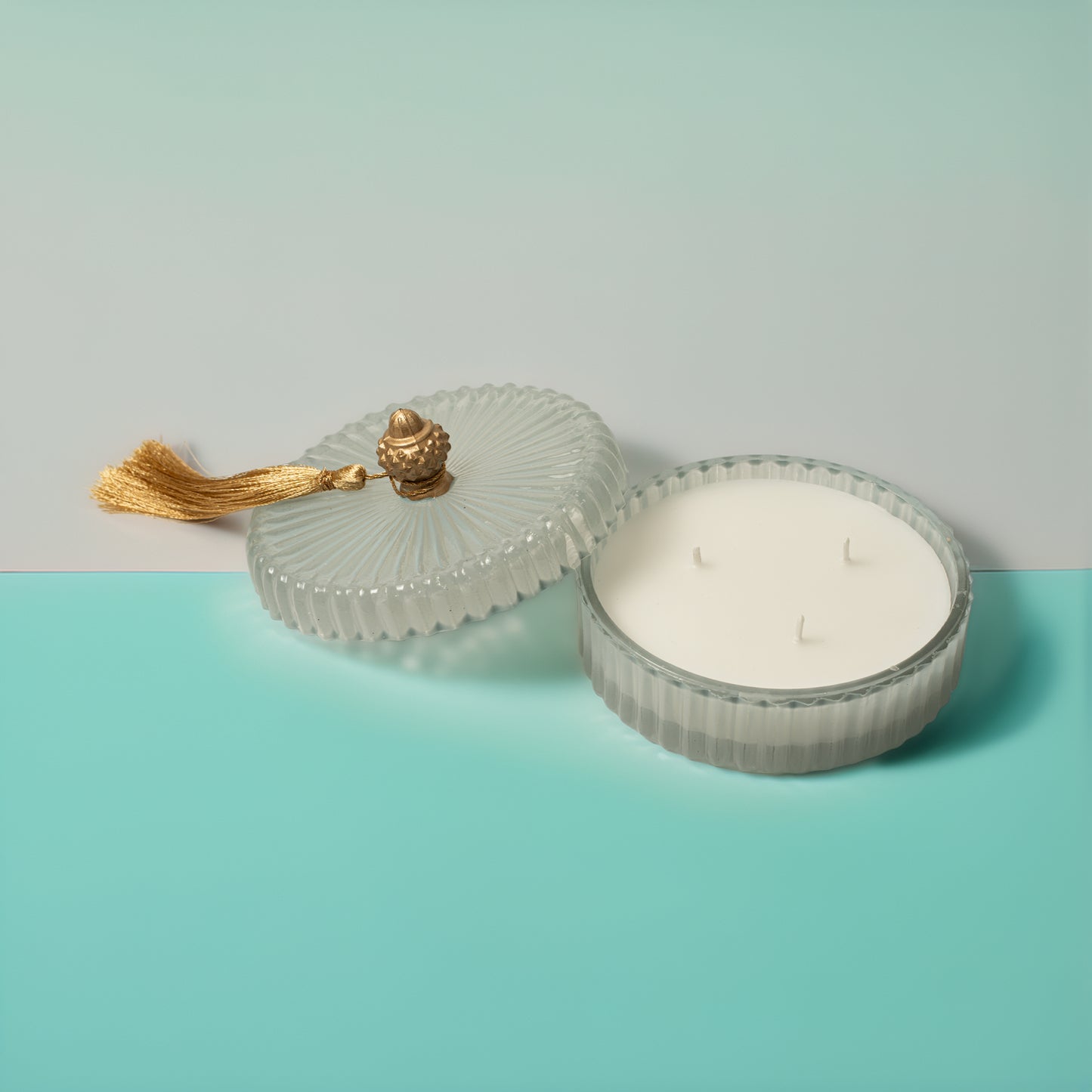 Fluted Aura Tassel Bowl Candle - Sky Blue