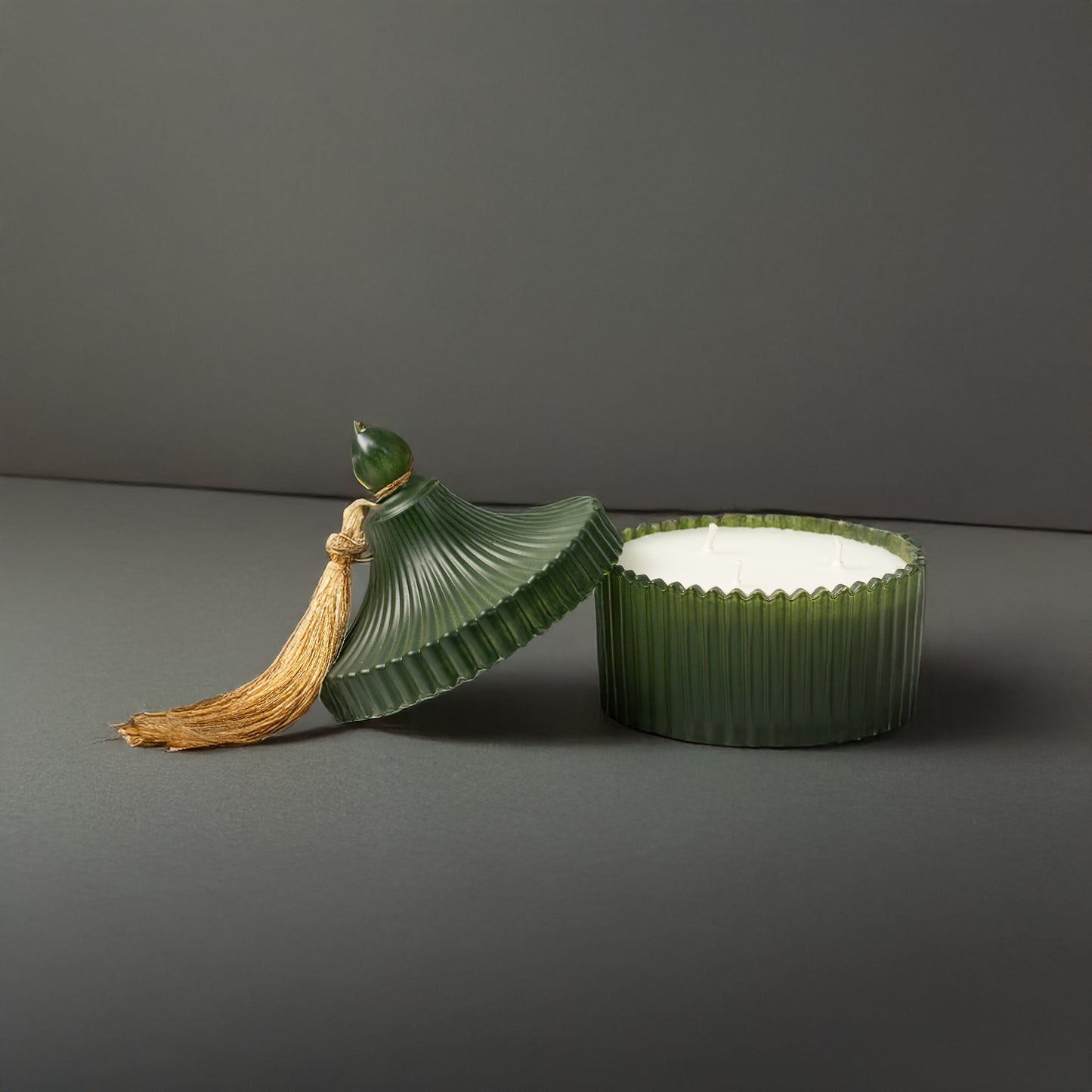 Crest Jar Candle with Tassel on top Lid - Dark Green