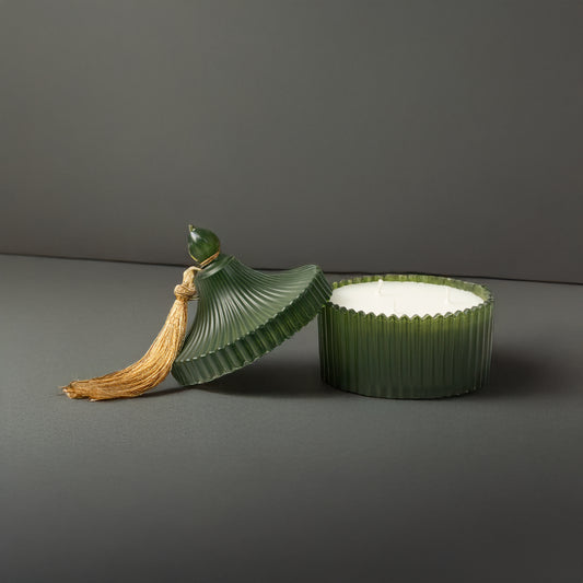 Crest Jar Candle with Tassel on top Lid - Dark Green