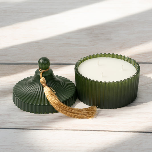 Crest Jar Candle with Tassel on top Lid - Dark Green